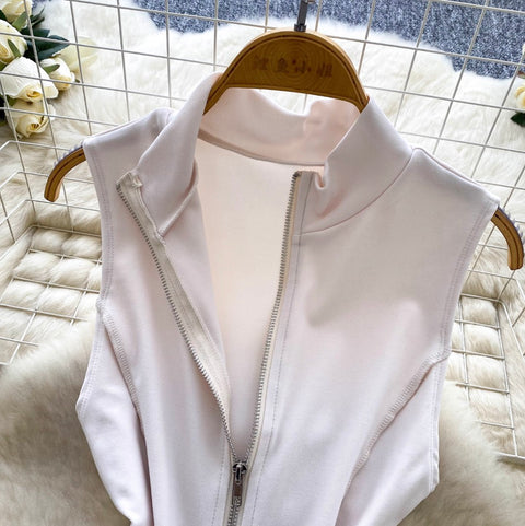 Zipped Vest & Hip-wrapping Shorts 2Pcs