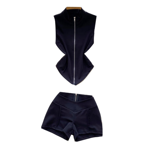 Zipped Vest & Hip-wrapping Shorts 2Pcs