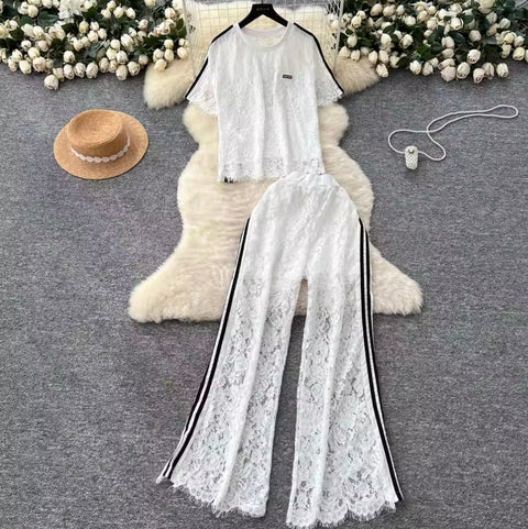 Crochet Lace Top & Trousers 2Pcs