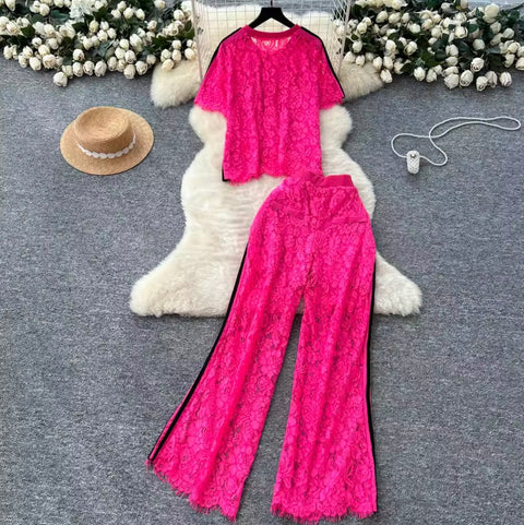 Crochet Lace Top & Trousers 2Pcs