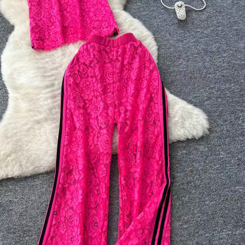 Crochet Lace Top & Trousers 2Pcs