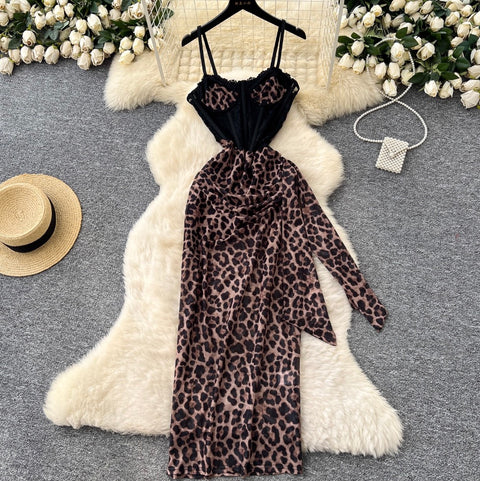 Sexy Leopard Printed Fishbone Slip Dress