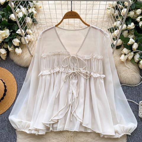 V-neck Flared Sleeve Chiffon Shirt