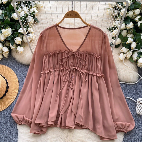 V-neck Flared Sleeve Chiffon Shirt