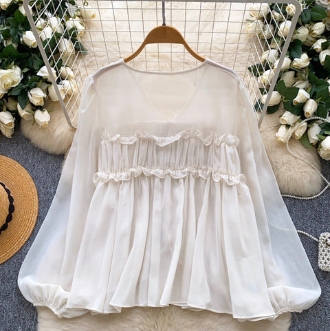 V-neck Flared Sleeve Chiffon Shirt