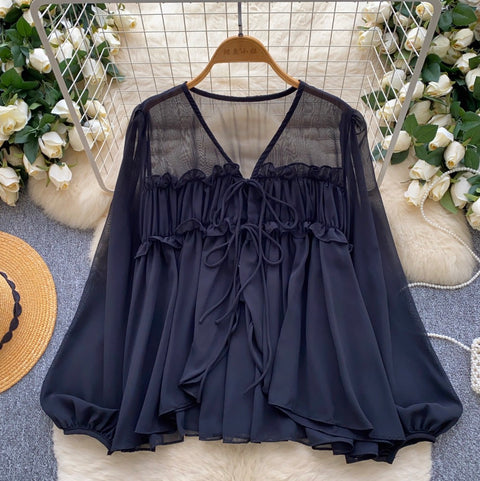 V-neck Flared Sleeve Chiffon Shirt