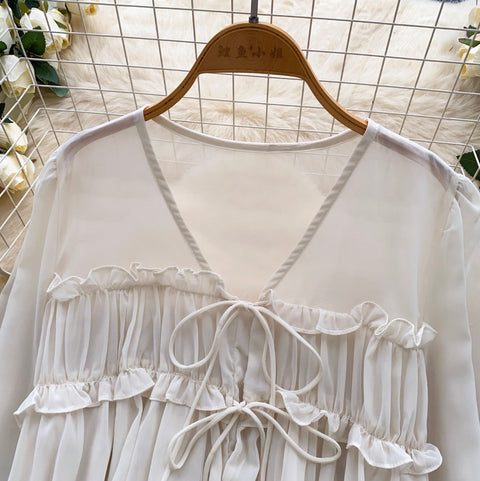 V-neck Flared Sleeve Chiffon Shirt