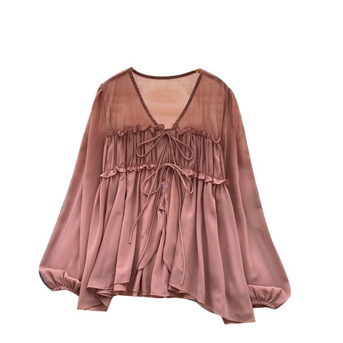 V-neck Flared Sleeve Chiffon Shirt