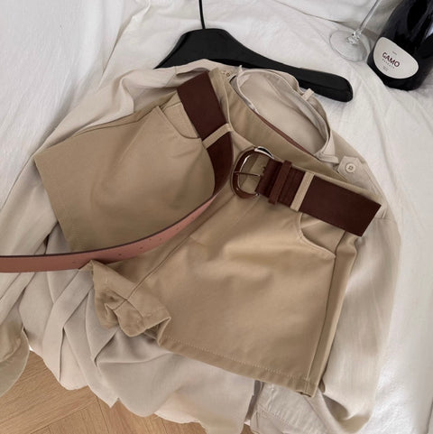 Lace-up Shirt & Khaki Shorts 2Pcs