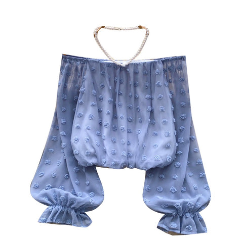 Off-shoulder Bead Halter Chiffon Top