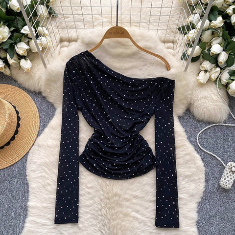 Slant Neckline Sequined Mesh Top