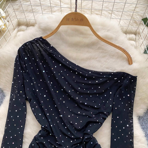 Slant Neckline Sequined Mesh Top