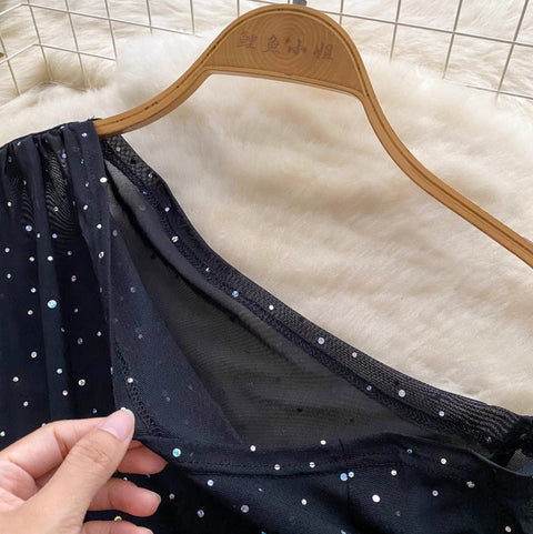 Slant Neckline Sequined Mesh Top