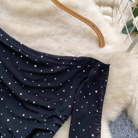 Slant Neckline Sequined Mesh Top