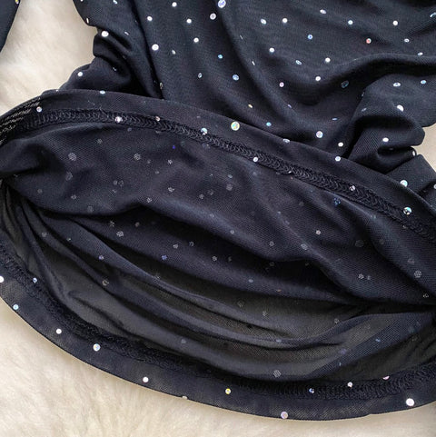 Slant Neckline Sequined Mesh Top