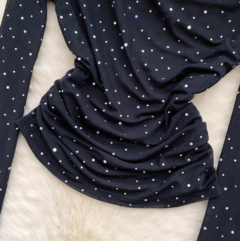 Slant Neckline Sequined Mesh Top