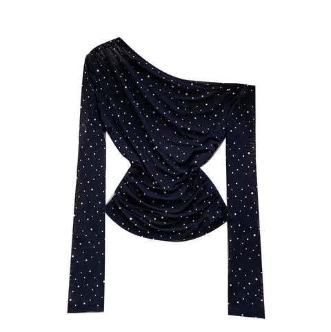 Slant Neckline Sequined Mesh Top