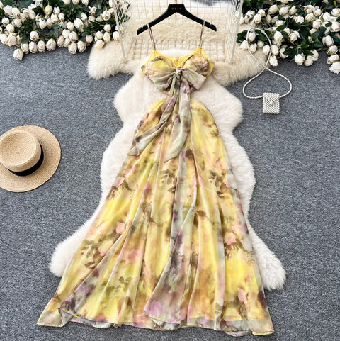 Lace-up Backless Printed Slip Dress