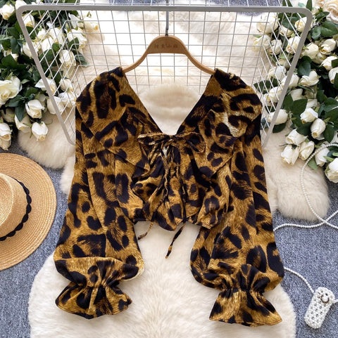 V-neck Leopard Printed Chiffon Shirt