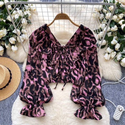 V-neck Leopard Printed Chiffon Shirt
