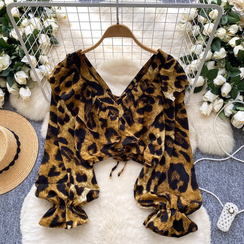 V-neck Leopard Printed Chiffon Shirt