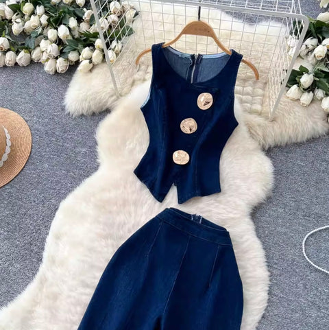 Metal-button Vest & Jeans Denim 2Pcs