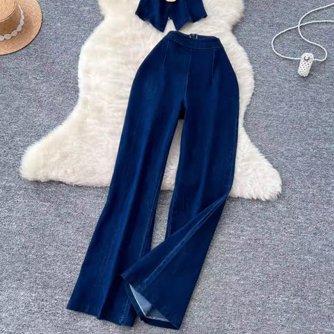 Metal-button Vest & Jeans Denim 2Pcs
