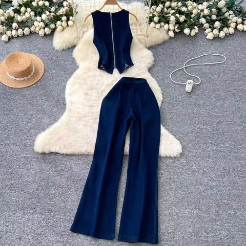 Metal-button Vest & Jeans Denim 2Pcs
