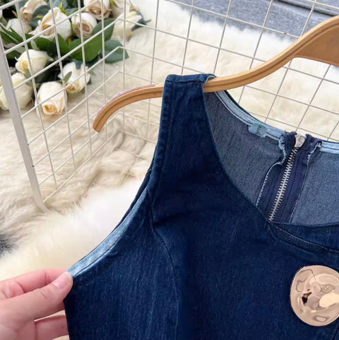 Metal-button Vest & Jeans Denim 2Pcs