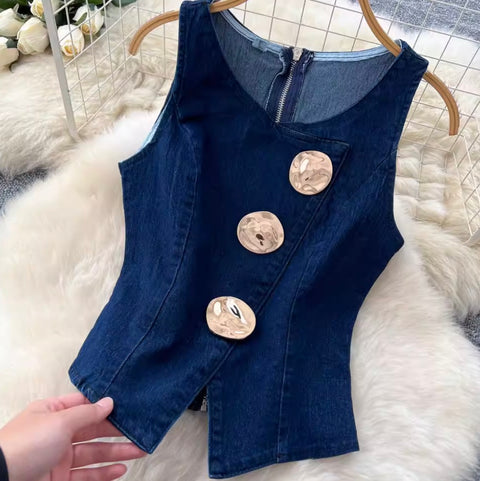 Metal-button Vest & Jeans Denim 2Pcs