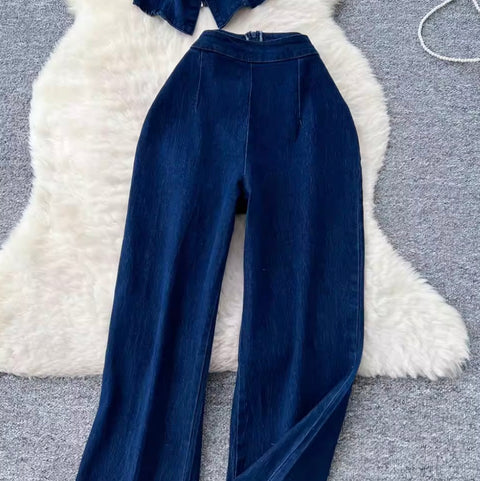 Metal-button Vest & Jeans Denim 2Pcs