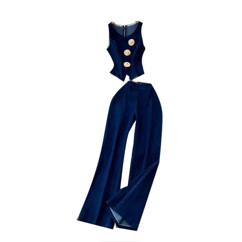 Metal-button Vest & Jeans Denim 2Pcs