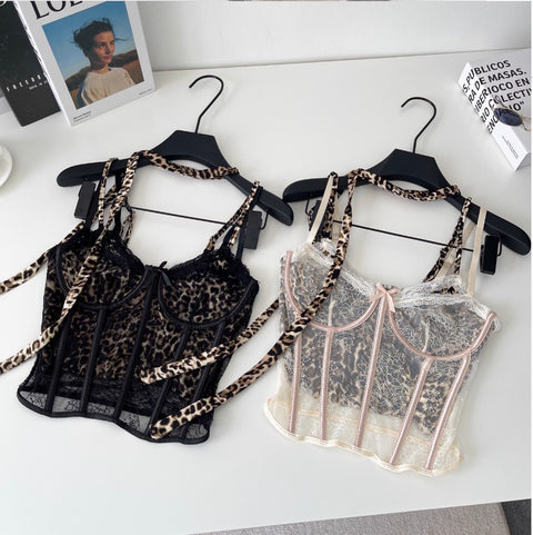 Leopard Printed Fishbone Mesh Camisole