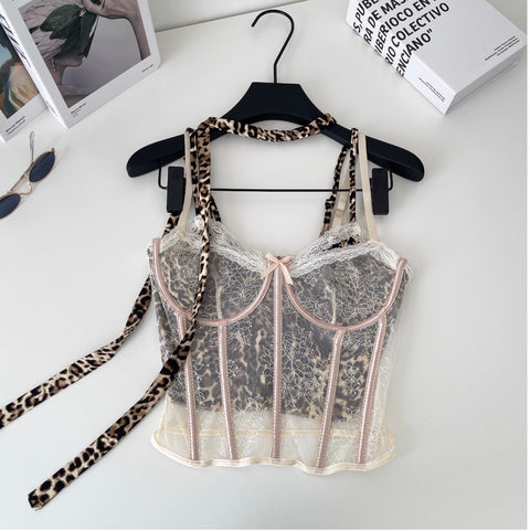 Leopard Printed Fishbone Mesh Camisole