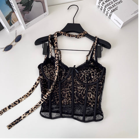 Leopard Printed Fishbone Mesh Camisole
