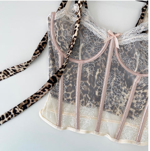 Leopard Printed Fishbone Mesh Camisole