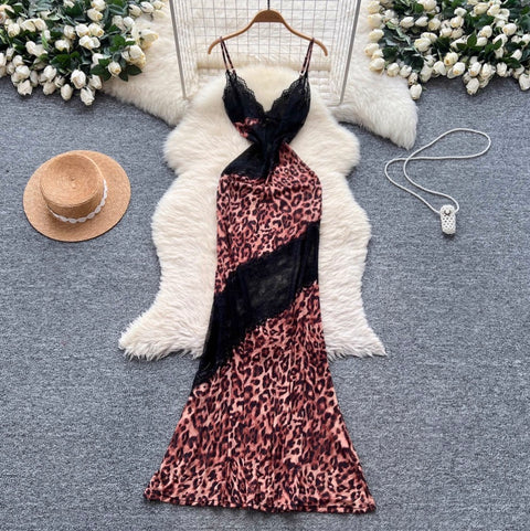 Leopard Print Lace Patchwork Slip Dress