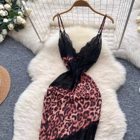 Leopard Print Lace Patchwork Slip Dress