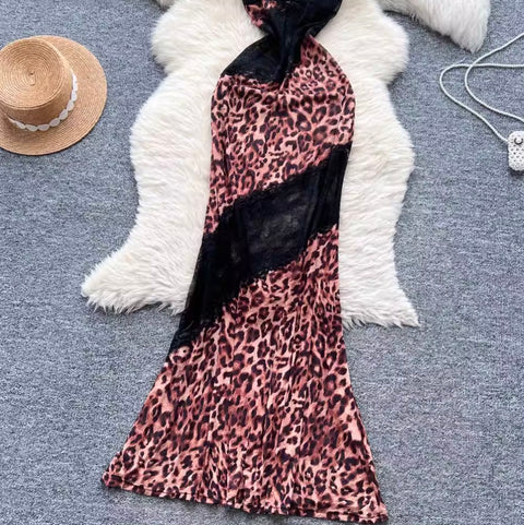 Leopard Print Lace Patchwork Slip Dress