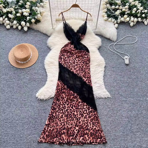 Leopard Print Lace Patchwork Slip Dress