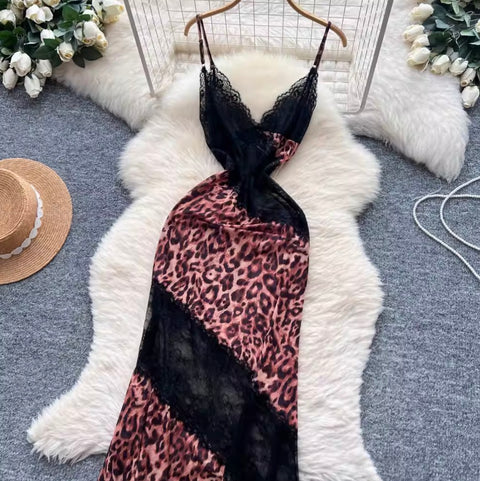 Leopard Print Lace Patchwork Slip Dress
