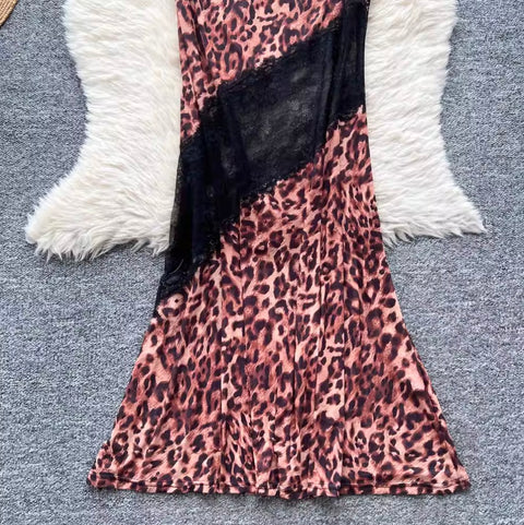 Leopard Print Lace Patchwork Slip Dress