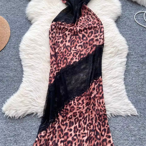 Leopard Print Lace Patchwork Slip Dress