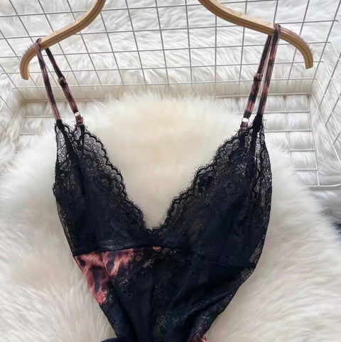 Leopard Print Lace Patchwork Slip Dress