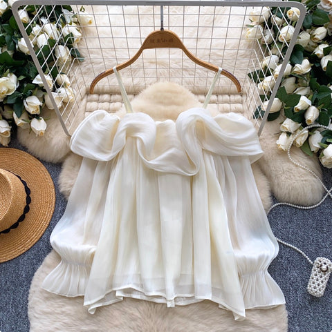 Off-shoulder Ruffled Flowing Chiffon Top