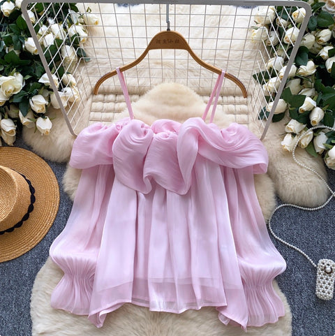 Off-shoulder Ruffled Flowing Chiffon Top