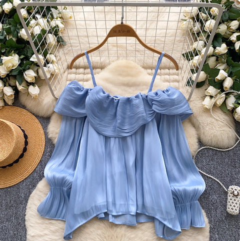 Off-shoulder Ruffled Flowing Chiffon Top