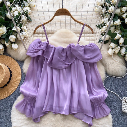 Off-shoulder Ruffled Flowing Chiffon Top