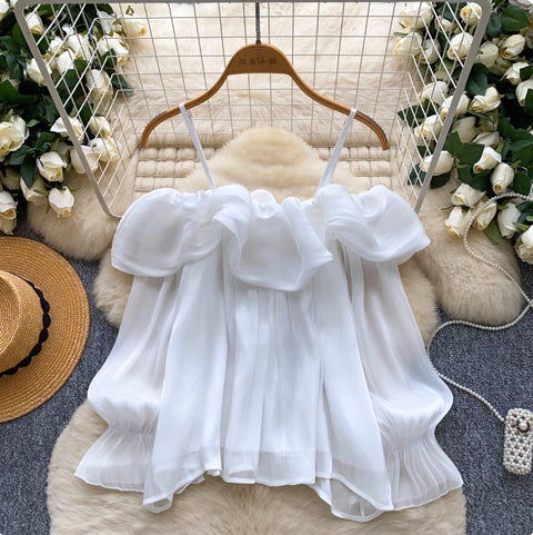 Off-shoulder Ruffled Flowing Chiffon Top