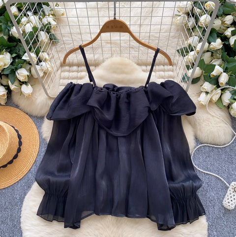 Off-shoulder Ruffled Flowing Chiffon Top